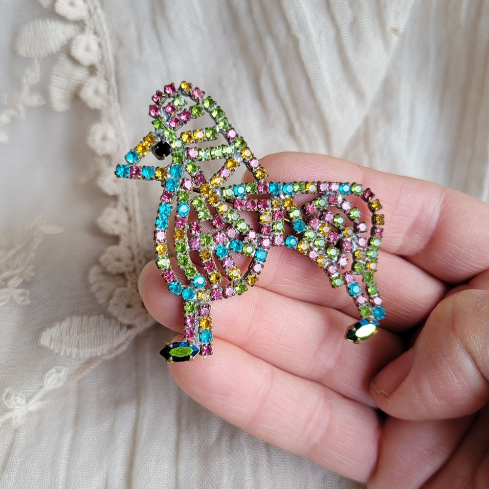 Vintage 1950s Czech Crystal Rhinestone Poodle Dog Brooch Multi Color Pot Metal